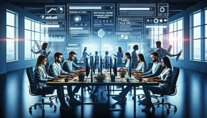 A digital marketing team devises an SEO strategy with video content on large screens in a contemporary office.
