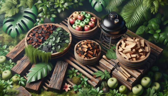 Eco-friendly BBQ smoking chips from apple, cherry, hickory, mesquite in rustic bowls, lush greenery background.