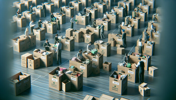 Professionals meticulously sorting personal belongings into labelled boxes and recycling, symbolising a fresh start and emotional relief in a serene environment during house clearance.