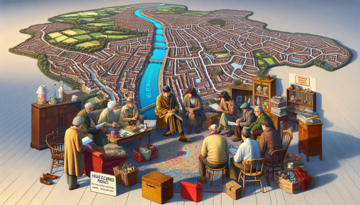 A detailed map of Exeter with highlighted areas, local experts discussing house clearance amidst vintage furniture and clutter.