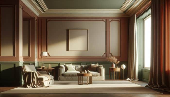 A serene room with muted auburn walls, sage green accents, and beige furnishings, creating a tranquil atmosphere.