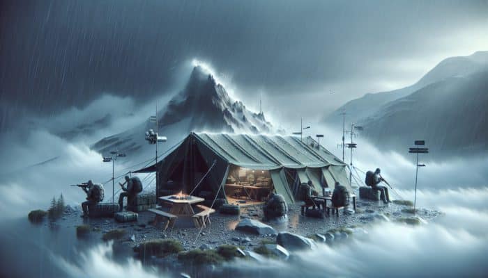 A rugged portable shelter kit in a stormy wilderness, designed for heavy rain and strong winds, with stable anchoring, accommodating a small group.