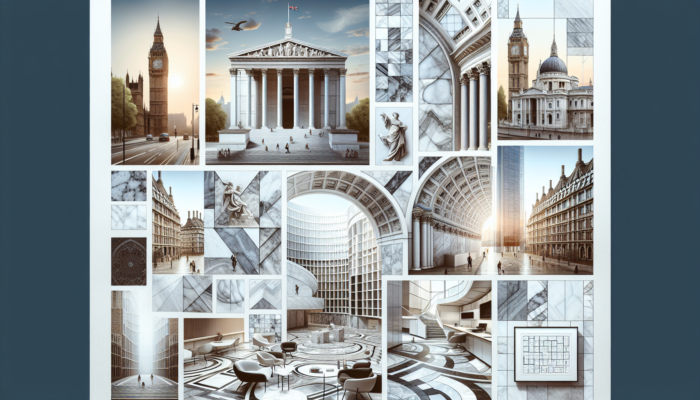 Collage of UK architecture featuring marble: columns of St. Paul's Cathedral, flooring of the British Museum, and contemporary facades.