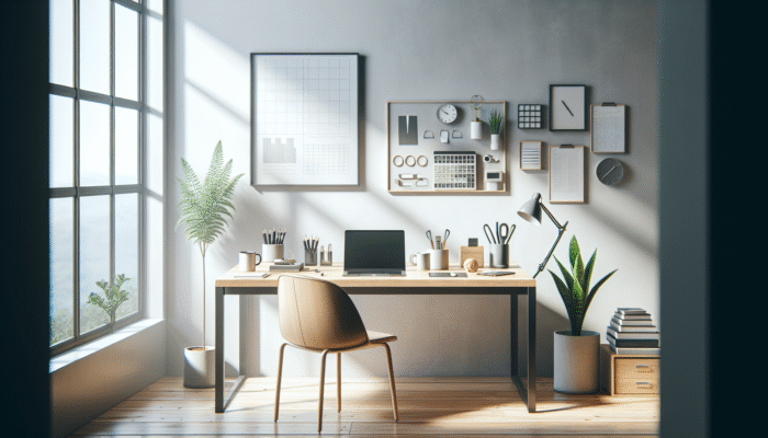 A minimalist desk with a laptop, plant, and office supplies in a bright, airy room with large windows.