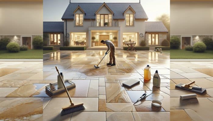 A travertine floor in a UK home being cleaned and sealed for maintenance and shine.