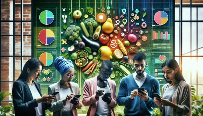 Diverse group using smartphones to read reviews on a plant-based diet app, with meals and charts displayed on screens, in a green environment.