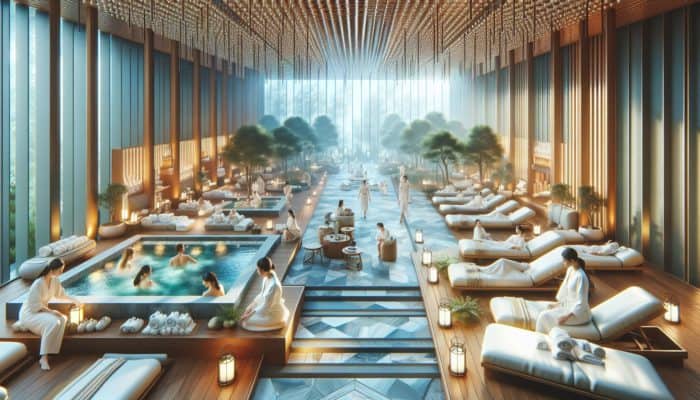 A serene Las Vegas spa with luxurious treatment rooms, tranquil lounges, and soothing saunas.