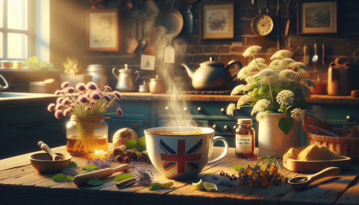 A steaming cup of echinacea and elderflower decoction with fresh herbs in a cozy UK kitchen during winter.