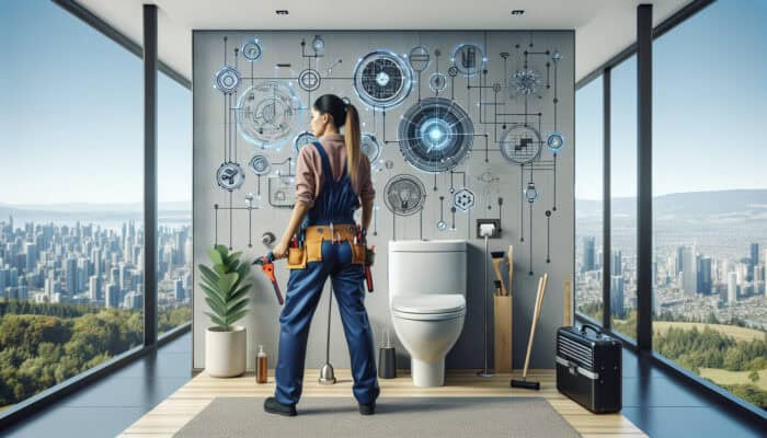 A plumber fixing a modern toilet in a stylish bathroom in Chilliwack, with expert diagrams on the wall.