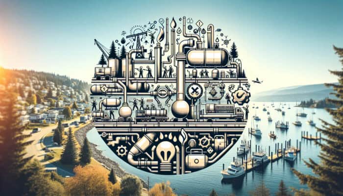 Infographic of natural gas line services with Port Moody waterfront, focusing on safety and efficiency.