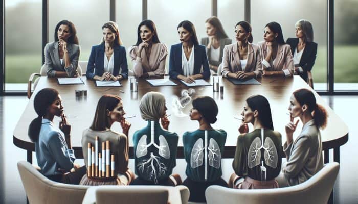 Women experts engaging in discussion on smoking cessation strategies in a modern conference room with visual aids.