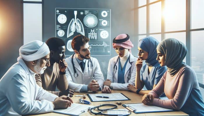 A diverse group of UK healthcare professionals assisting a woman in quitting smoking with tailored strategies.