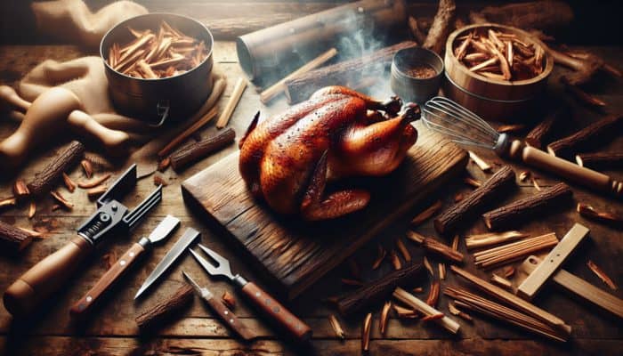 Smoked chicken with hickory on a rustic table, with smoking tools and wood chips.