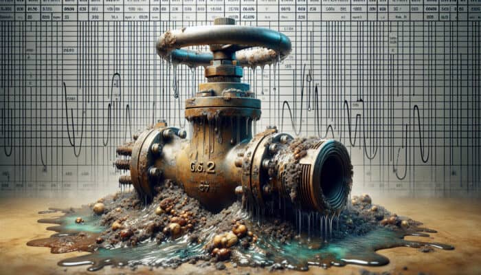 Corroded water valve exhibiting leaks, surrounded by sediment, with temperature gauges in view.
