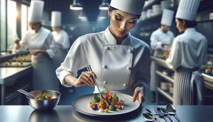 A chef arranging a gourmet dish with vibrant colors and intricate designs on a fine dining plate.