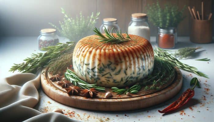 A smoked cheese wheel in herb brine with rosemary, thyme, paprika, and a dry spice crust.