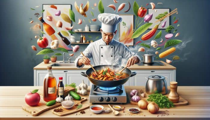 A skilled chef preparing Filipino adobo with soy sauce, vinegar, garlic, and bay leaves in a vibrant, bustling kitchen.
