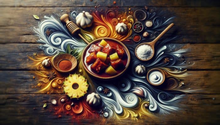 A delicious adobo dish featuring coconut milk, pineapple, fresh spices, honey, and garlic on a rustic wooden table.