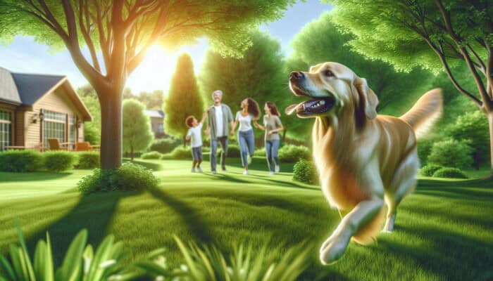 A joyful Golden Retriever playing fetch in a park, deepening family connections.