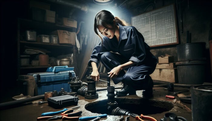 Technician in blue uniform inspecting and cleaning sump pump in basement before rainy season.