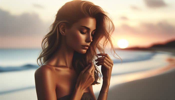 Woman with soft, barely-there waves by a serene beach at sunset, gently touching her hair.