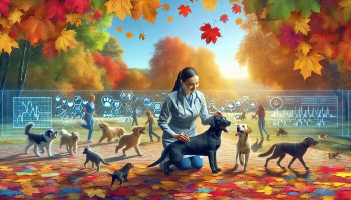 Pets enjoying autumn leaves with vet check and health icons.