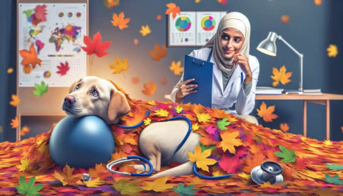 Dog playing in autumn leaves with vet in background, highlighting the need for regular health check-ups.
