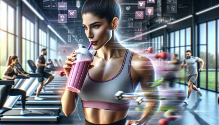 New athlete drinking a colourful BCAA pre-workout shake in a gym, surrounded by equipment, looking focused and determined.