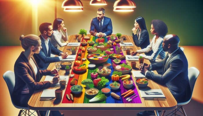 A vibrant display of vegetarian dishes on a table, with experts discussing meal planning in a contemporary setting.