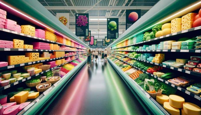Vibrant plant-based meat alternatives and dairy-free cheeses displayed in a UK supermarket aisle, reflecting current vegetarian and vegan trends.