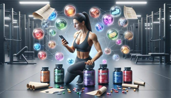 A fitness influencer in a gym, reviewing supplement labels and research, while engaging with followers on a smartphone.