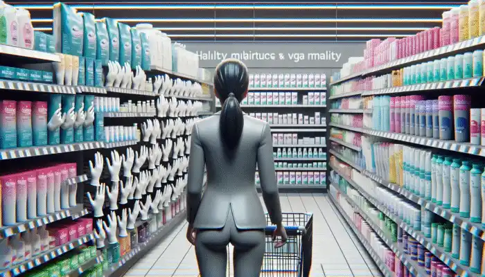 A shopper examines different sizes and brands of nitrile gloves in a supermarket aisle.