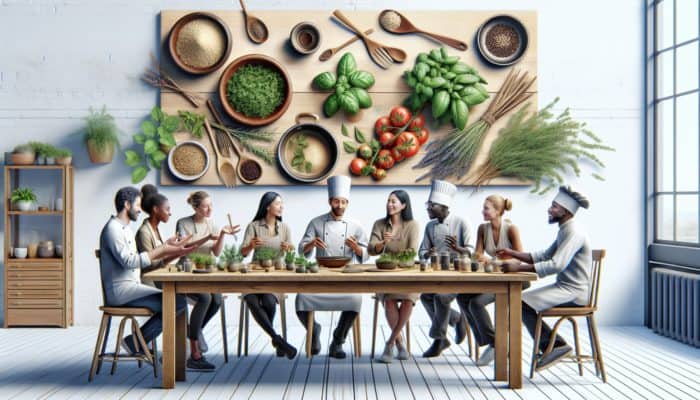 A kitchen scene with herbs like basil, cilantro, rosemary on a table, surrounded by vegan dishes and chefs.