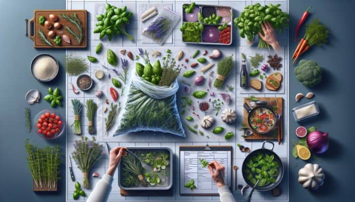 Fresh herbs like basil, parsley, rosemary, and thyme in a kitchen, some wrapped in damp paper towels, others added to vegan dishes at various cooking stages.