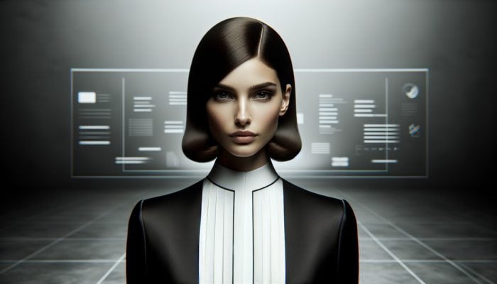 Person with sleek centre-parted hairstyle, in classic black and white outfit, against minimalist background.