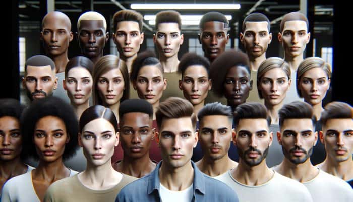 A diverse group with centre-parted hairstyles enhancing their features, showing symmetry and natural beauty.