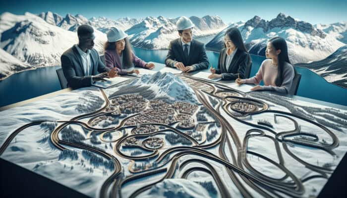 Aerial view of Whistler's snowy mountains with visible perimeter drainage systems and engineers discussing solutions.