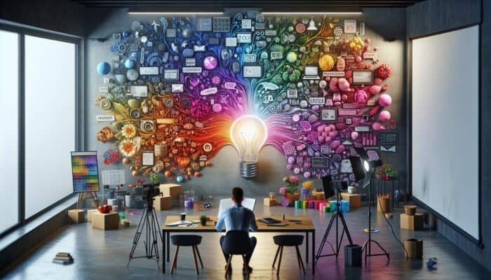 A person brainstorming video ideas with a colourful mind map, surrounded by trending items, seasonal decorations, and popular products in a well-lit setting.