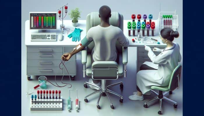 Person having blood drawn for ferritin test in medical lab, surrounded by equipment and chart.