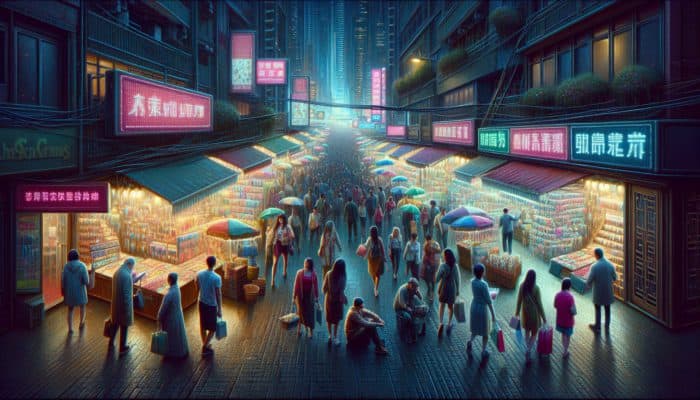 How to Avoid Tourist Traps in Las Vegas: A crowded Las Vegas street with neon lights, tourists, aggressive marketers, and overpriced souvenir shops.