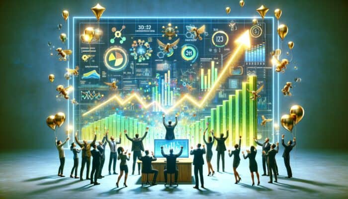 A tech startup team celebrating in front of a screen showing a content gap analysis chart with increased traffic and engagement from small businesses.