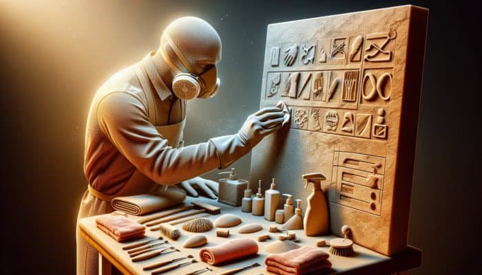 A person preparing sandstone for cleaning with gloves, mask, and tools on a workbench.
