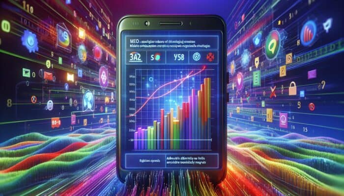 Smartphone showing video with SEO analytics, surrounded by mobile optimization icons on a digital background with binary code.