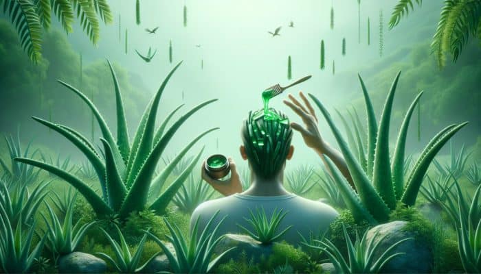 Individual applying aloe vera gel to the scalp, surrounded by lush greenery in a natural setting.