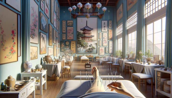 A tranquil UK clinic illustrating the integration of Japanese and Chinese acupuncture with traditional and contemporary elements.