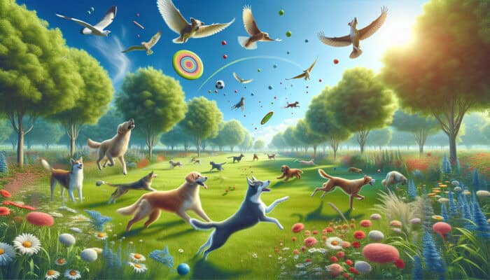 Energetic dogs playing fetch with frisbees and balls in a lush park under a clear sky.
