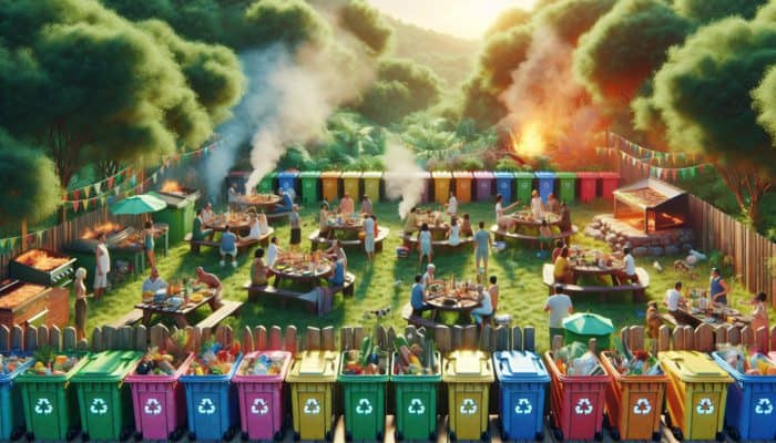 A vibrant BBQ scene with people sorting waste into colorful bins, composting, and recycling amidst lush greenery.
