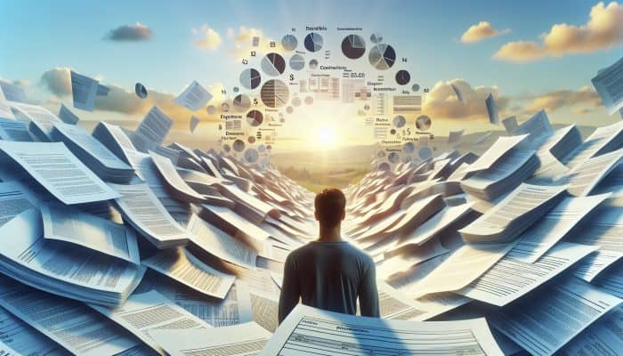 How Debt Consolidation Boosts Confidence: UK Edition | DCL A serene person amidst organized financial documents, symbolising clarity and confidence from debt consolidation, with a hopeful future backdrop.
