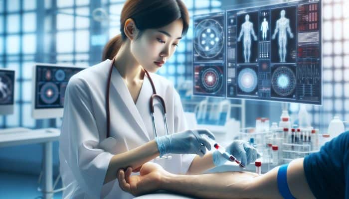 A healthcare professional drawing blood from a patient's arm in a calm clinic setting.