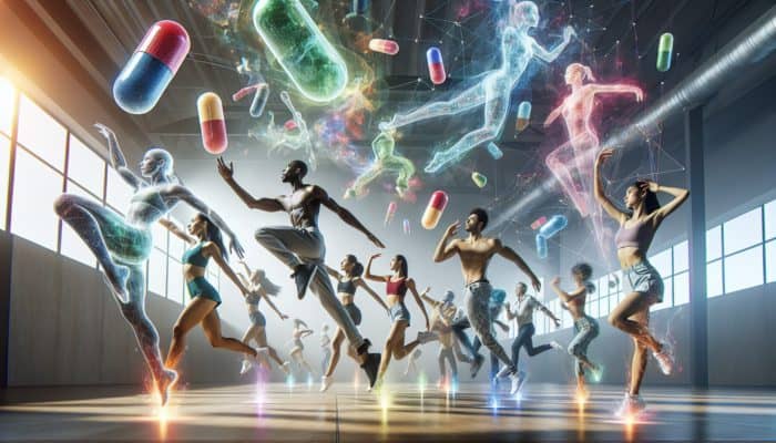 Diverse dancers in a vibrant studio, surrounded by colorful capsules and expert holograms discussing pre-workout supplements for dance fitness.